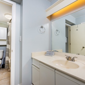 The master bathroom features a clean design, spacious vanity, soft blue walls, and convenient storage for a refreshing stay