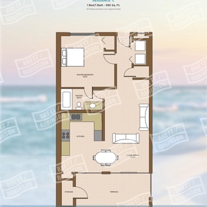This floor plan showcases a 1-bedroom layout featuring a living area, well-equipped kitchen, and a private balcony