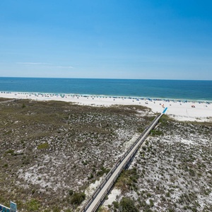 Expansive view of the beach with white sand and turquoise waters, framed by lush greenery and beachgoers enjoying the sun