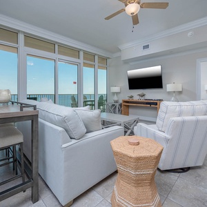 Unwind in the airy living space on the sofa with a queen sleeper, streaming your favorite shows and relaxing