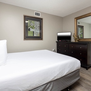 Guest bedroom featuring a queen bed, twin bunk, a flat-screen TV, and elegant decor with a large mirror and wooden dresser