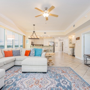 Unwind on the plush sectional with a queen sleeper and put on a good movie to relax after a day at the beach