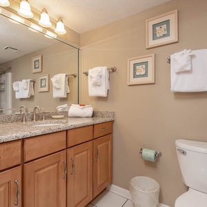 Brightly lit guest bathroom features a spacious vanity with granite countertops, decorative wall art, and a tub/shower combo