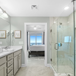 Wake to the gulf view beyond the bedroom while you enjoy a refreshing shower in the master bath