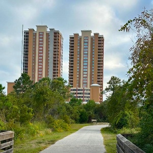 Stroll the shaded path toward the gulf towers and pause on the bench to enjoy the coastal view