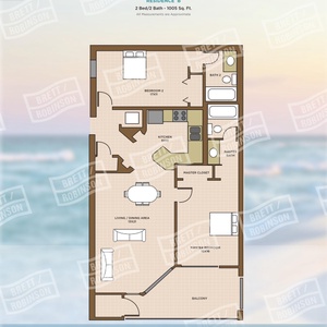 This floor plan showcases a well-designed two-bedroom, two-bath residence featuring a spacious living area and kitchen layout