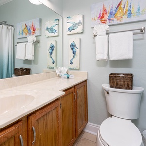 Guest bath featuring a spacious vanity with a light countertop, colorful artwork, and a soothing shower curtain