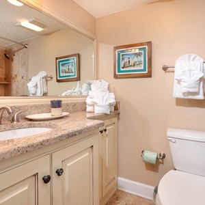 The guest bathroom features a granite countertop with dual sinks, a walk-in shower, and decorative artwork on the walls