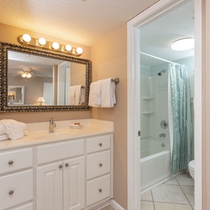 Master bathroom featuring a spacious vanity, elegant mirror, and a tub/shower combo for a relaxing retreat