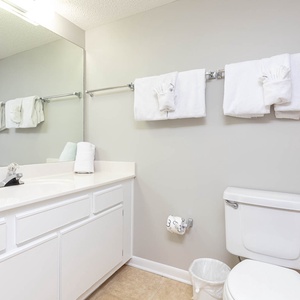 Bright guest bathroom featuring a spacious countertop, neatly arranged white towels, and a clean, modern aesthetic