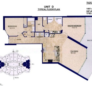 This floor plan showcases a well-designed layout with two bedrooms, a spacious living area, and a balcony for relaxing views