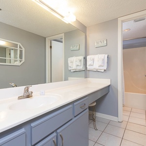 Master bathroom featuring a spacious vanity with a large mirror, stylish decor, and a tub/shower combo in a serene atmosphere
