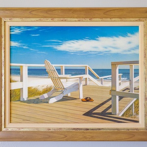 This artwork captures a serene beach view with a white adirondack chair, inviting relaxation and coastal charm