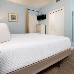 The master suite bedroom features a king bed, wall-mounted TV, and an adjoining bathroom