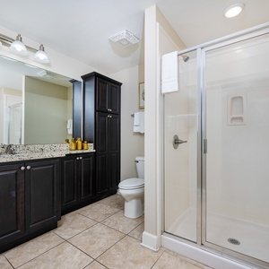 Refresh in the guest bathroom featuring a spacious granite countertop, stylish cabinetry, and walk-in shower