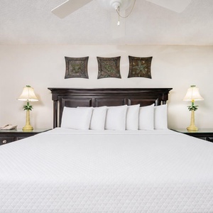 This cozy master bedroom features a king bed with decorative pillows, stylish lamps, and charming art for a restful retreat