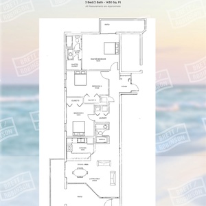 Three-bedroom layout with spacious living area, beach balcony from the living space, and north balcony from the master suite