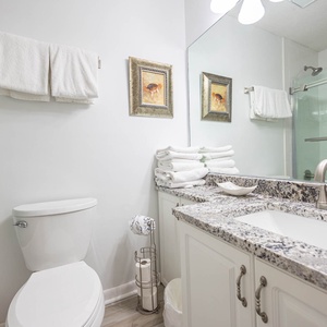 Experience this guest bathroom featuring a granite countertop, modern fixtures, and a glass-enclosed shower
