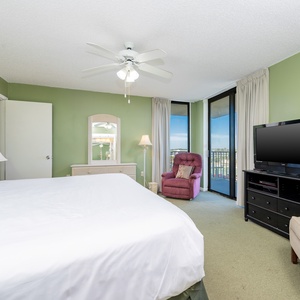 The master bedroom features a king bed, a plush purple chair, and a TV, with large windows offering a view of the outside