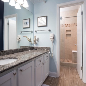 Master bathroom featuring a granite countertop, modern fixtures, and a walk-in shower with elegant tile accents