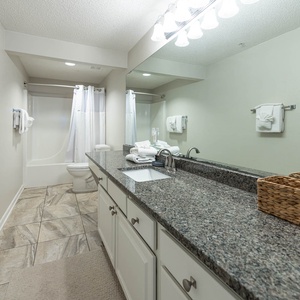 Experience the spacious master bathroom with a spacious countertop, fresh towels, and a relaxing shower area