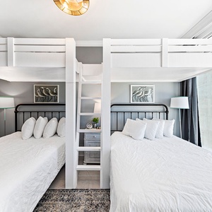 Imagine dozing in the lower queen bed nook while the kids lounge on the upper bunk twins for a peaceful retreat