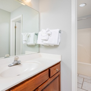 Master bath featuring a vanity area with fresh towels and a tub/shower combo, complemented by a decorative painting