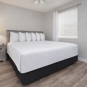 The bedroom features a king bed with crisp white linens, a stylish nightstand, and natural light from the window