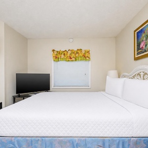 This cozy bedroom features a large bed, a flat-screen TV, and cheerful floral curtains that brighten the space