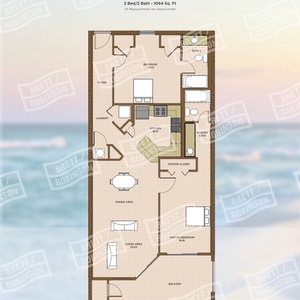 Floor plan with two bedrooms, spacious living area, fully-equipped kitchen, and beach balcony access from the master