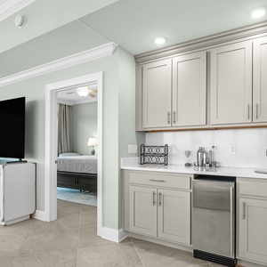 Grab a chilled drink from the fridge or create your favorite cocktail at the wet bar