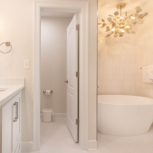 The master bath features a sleek, freestanding tub and elegant lighting, creating a tranquil retreat for relaxation
