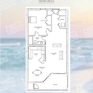 One-bedroom layout with spacious living, dining, and kitchen areas with beachfront balcony access