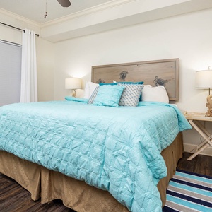 Retreat to the king master suite with cozy bedding after a day of adventure and drift off into a peaceful slumber