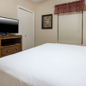 Unwind in this cozy guest bedroom featuring a comfortable queen bed, a TV, and charming decor for a restful sleep