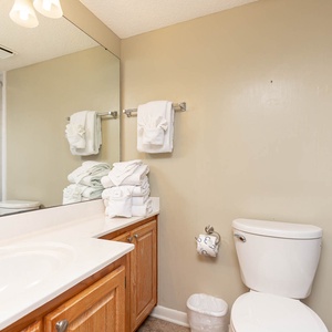 Bright guest bath featuring a spacious vanity, neatly stacked towels, and a tub/shower combo for a refreshing experience