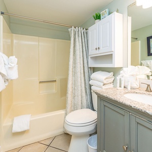 Granite vanity paired with a convenient tub/shower combination