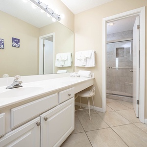 Bright master bathroom featuring a spacious vanity with a large mirror, white cabinetry, and a walk-in shower