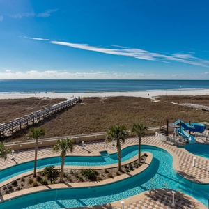 Discover the refreshing pool area with gradual entry, indoor hot tubs and pool, a winding lazy river and thrilling waterslide