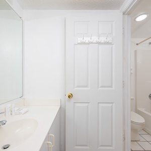 The master bathroom features a shower, tub, perfect for a refreshing stay