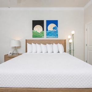 Experience restful nights in this guest bedroom featuring a king bed, decorative pillows, and vibrant artwork