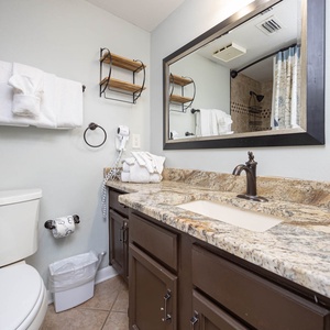 The guest bath features elegant granite countertops, plush towels, and a walk-in shower for a refreshing experience