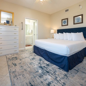 Spacious master bedroom featuring a king bed with plush pillows, a dresser, and a view into the adjoining bathroom area