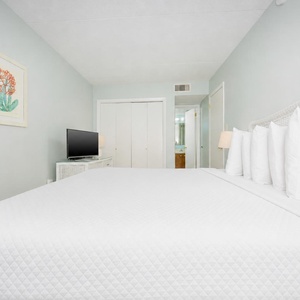 The bedroom features a plush bed, a TV, and easy access to a stylish bathroom for a relaxing stay
