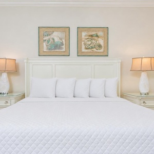Relaxing guest bedroom featuring a white king bed with decorative pillows and stylish bedside lamps