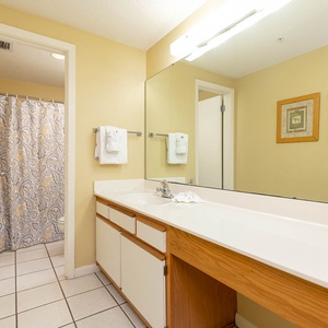 Refresh in this spacious master bathroom featuring ample counter space and a stylish shower curtain