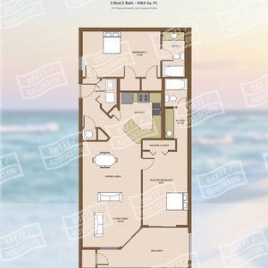 Floor plan of a two-bedroom, two-bath residence featuring a living area, dining space, and a balcony with beach views