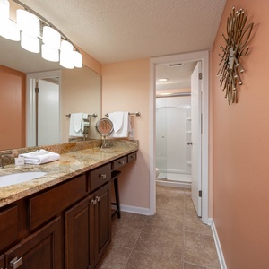 Master bath featuring a spacious granite countertop, stylish mirror, and a walk-in shower for a refreshing experience