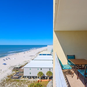 Enjoy a relaxing view from the balcony with a dining set, overlooking the sandy beach and inviting waters