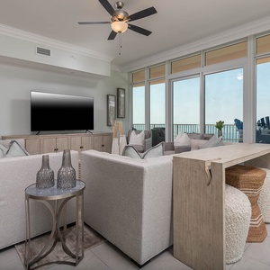 Sink into plush sofas, stream shows on the TV, then step onto the balcony to watch the gulf